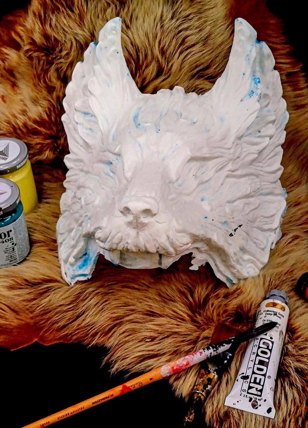 Example of a painted Fenrir wolf mask, showcasing potential for cosplay and fantasy