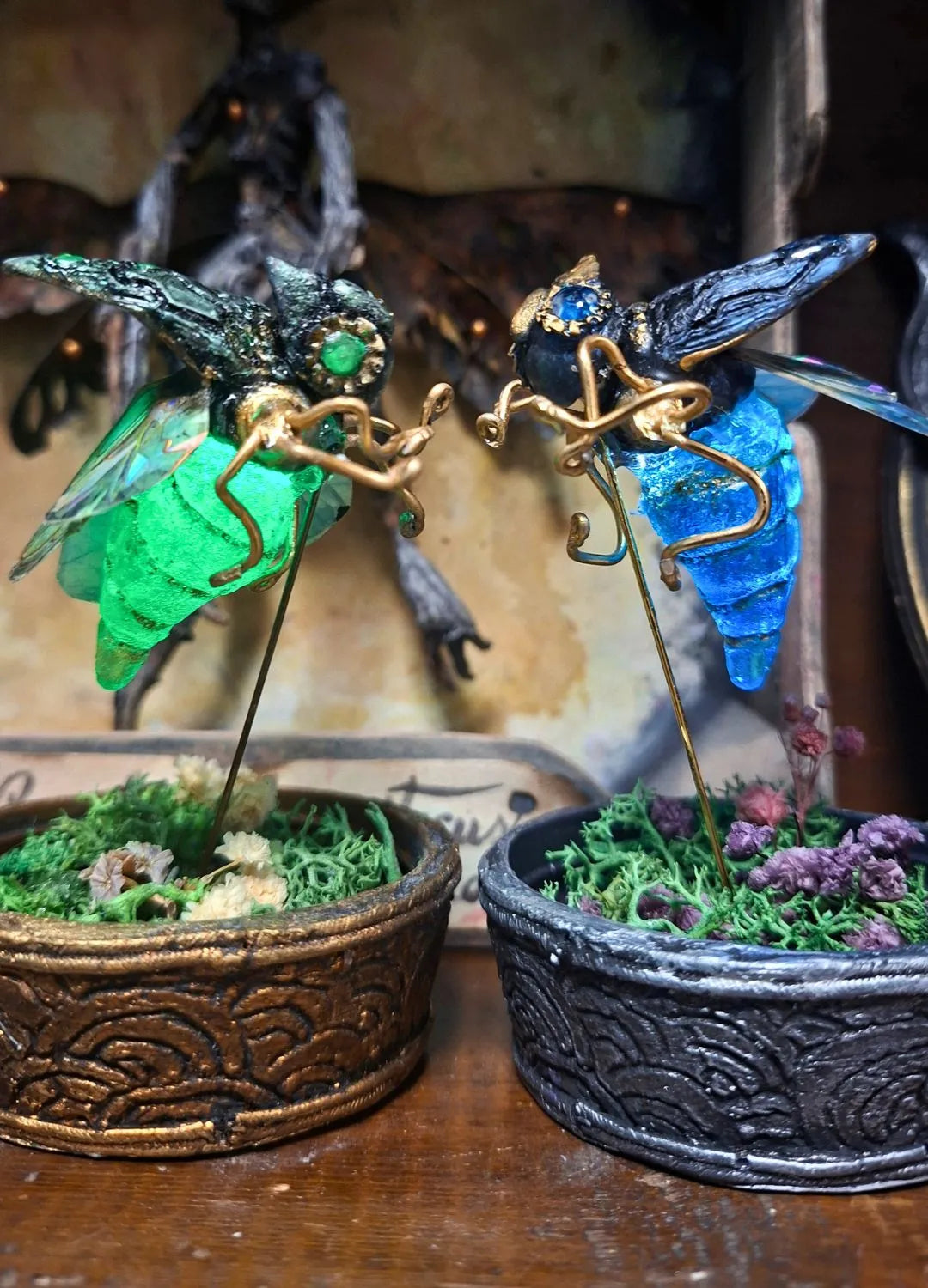 Handmade steampunk insect brooch called Aetherwing Mechanical, a fantasy engineered mechanical bug specimen perfect for alternative jewelry collectors.