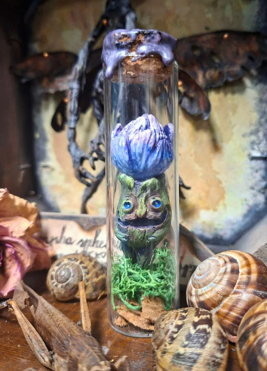 Alchemical mandrake in glass jar Wunderkammer curiosity cabinet display, fantasy botanical specimen collectible with cork stopper and sealing wax