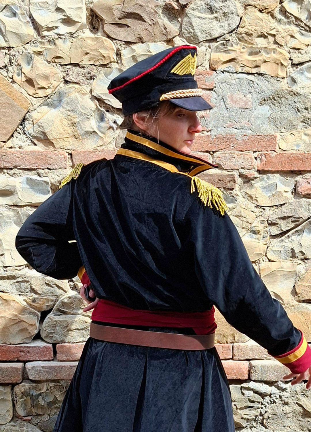 Custom-made and fully lined Warhammer 40000 commissar hat accessory for high-end Imperial Guard cosplay.