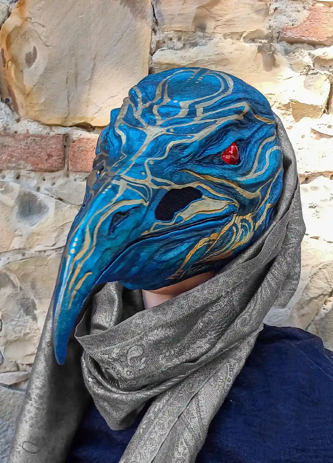Handmade cosplay Valravn mask with detailed textures, ideal for masquerade parties, LARP, and Halloween costumes