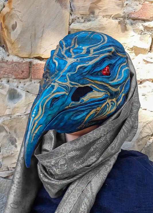 Handmade cosplay Valravn mask with detailed textures, ideal for masquerade parties, LARP, and Halloween costumes