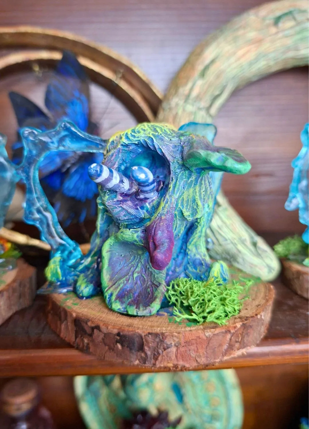 Cursed mandrake plant resin figure witchcore decor object, emotional fantasy botanical creature with minimal foliage and screaming expression
