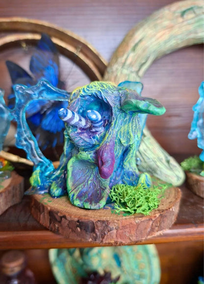 Cursed mandrake plant resin figure witchcore decor object, emotional fantasy botanical creature with minimal foliage and screaming expression