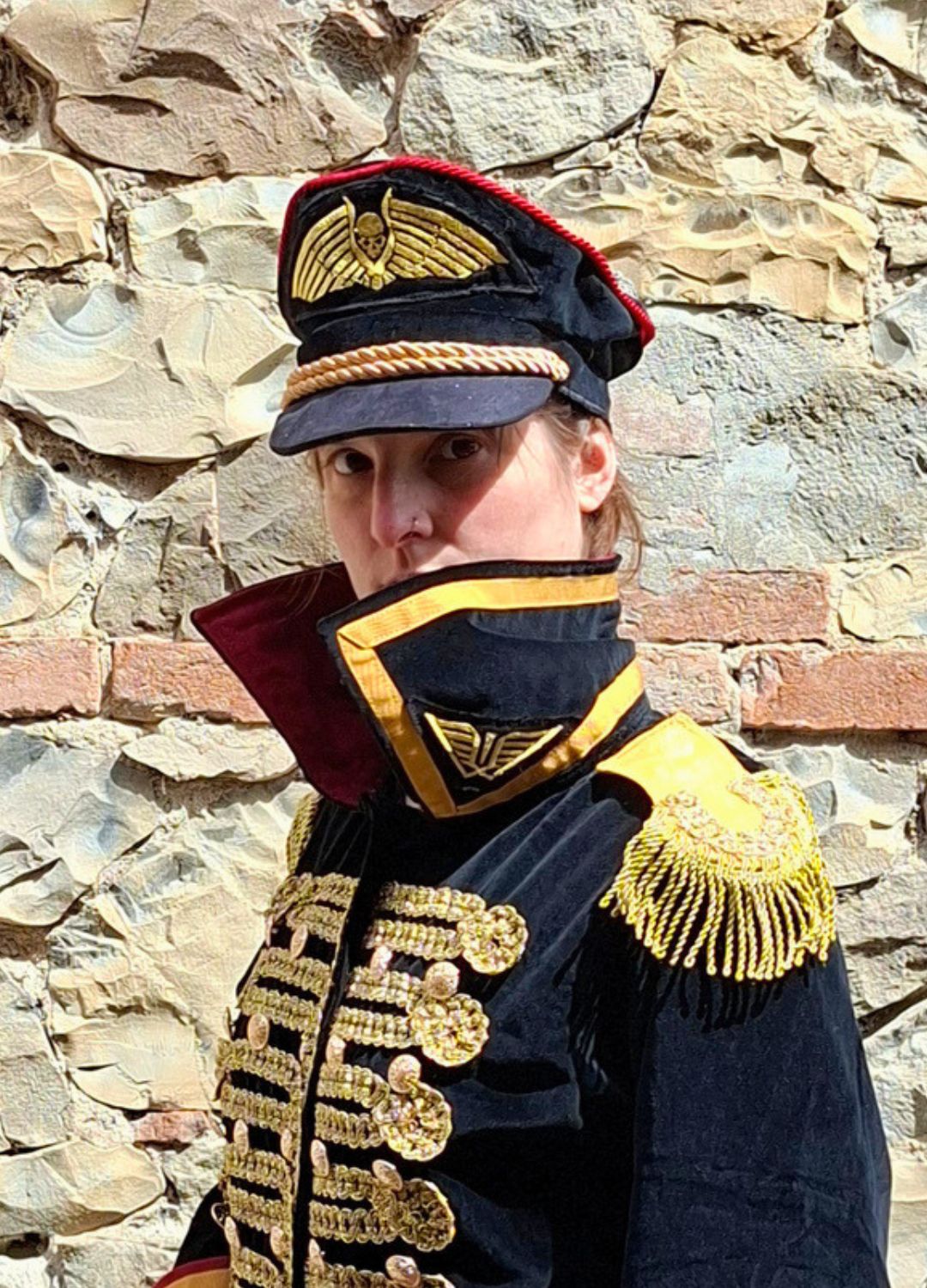 Bespoke adult Warhammer costume for sale, showcasing the custom-tailored fit and elegant drape of the heavy cotton velvet coat.