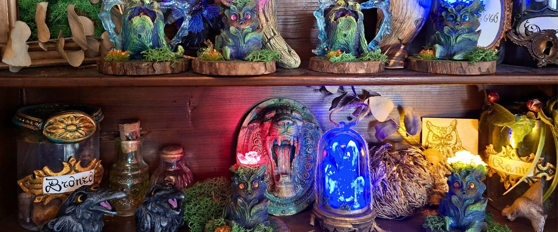 Fantasy botanical curiosities collection featuring all mandrake resin sculptures and bottled apothecary specimens, dark fantasy collectible set for Wunderkammer, witchcore and tabletop RPG decor display