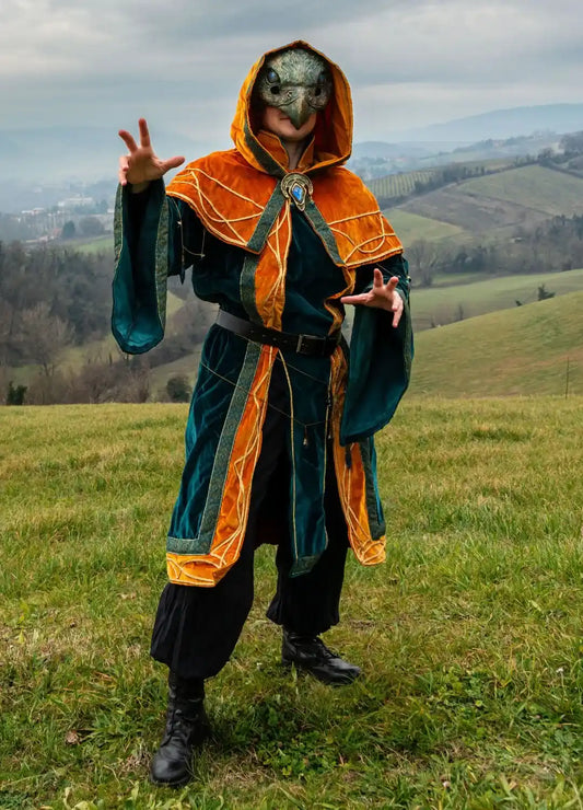 Model wearing a green LARP clothing tunic made of heavy cotton with fantasy details.