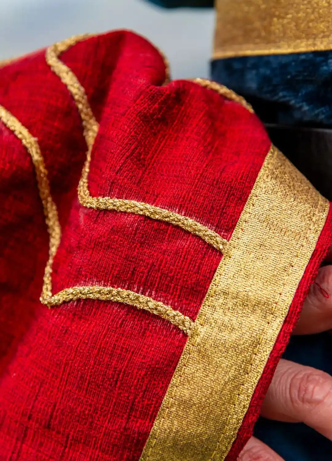 Red and blue hooded LARP dress in cotton velvet, ideal for scary theater masks, Halloween costume, and cosplay clothing.