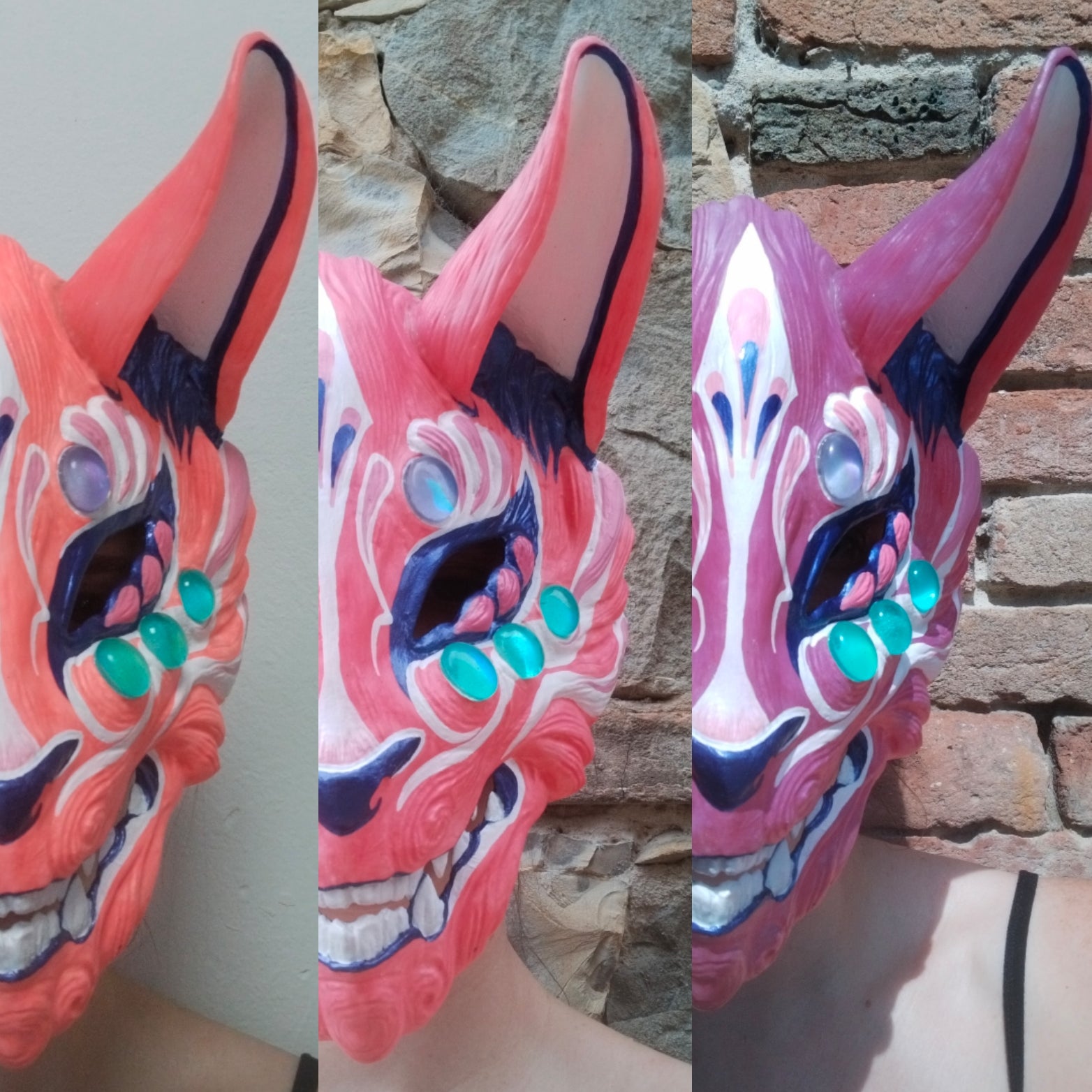 handmade resin Kitsune mask with a unique color-changing effect.
