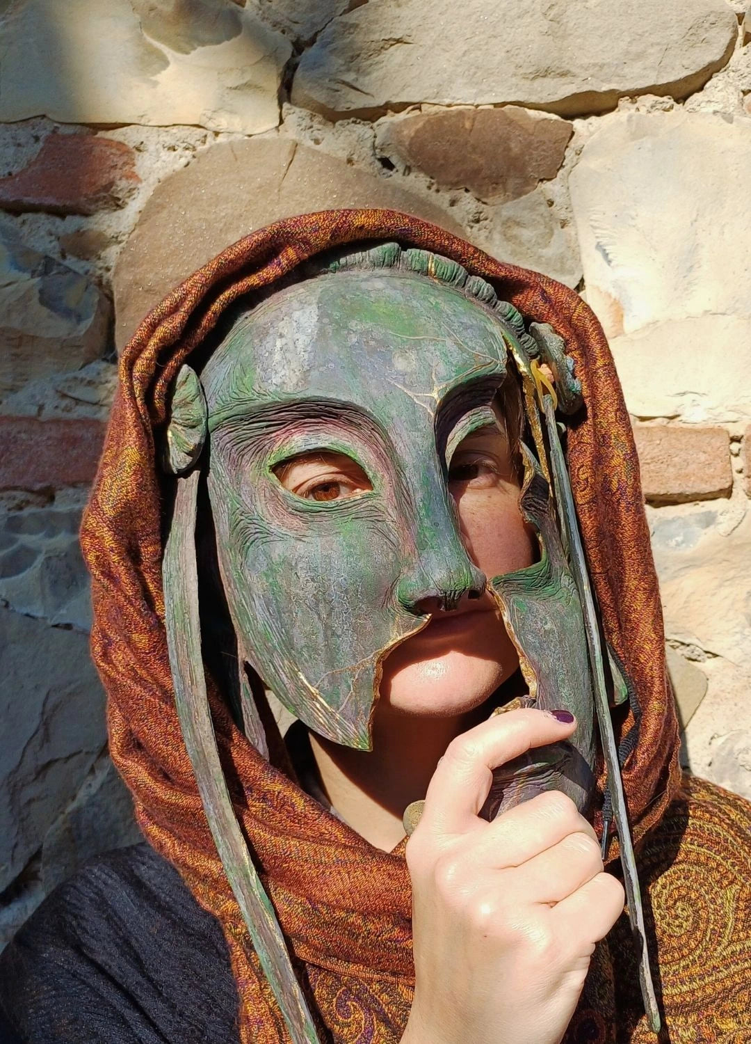 japanese demon resin mask featuring kintsugi inspired texture