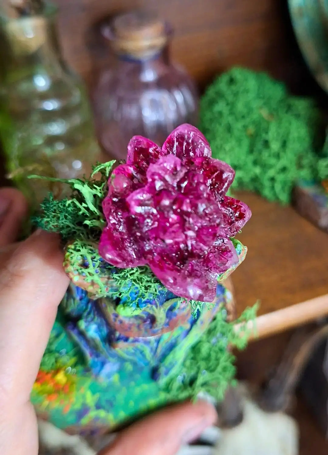 Hand-painted face and eyes of a Lumen Mandrake fantasy botanical creature.