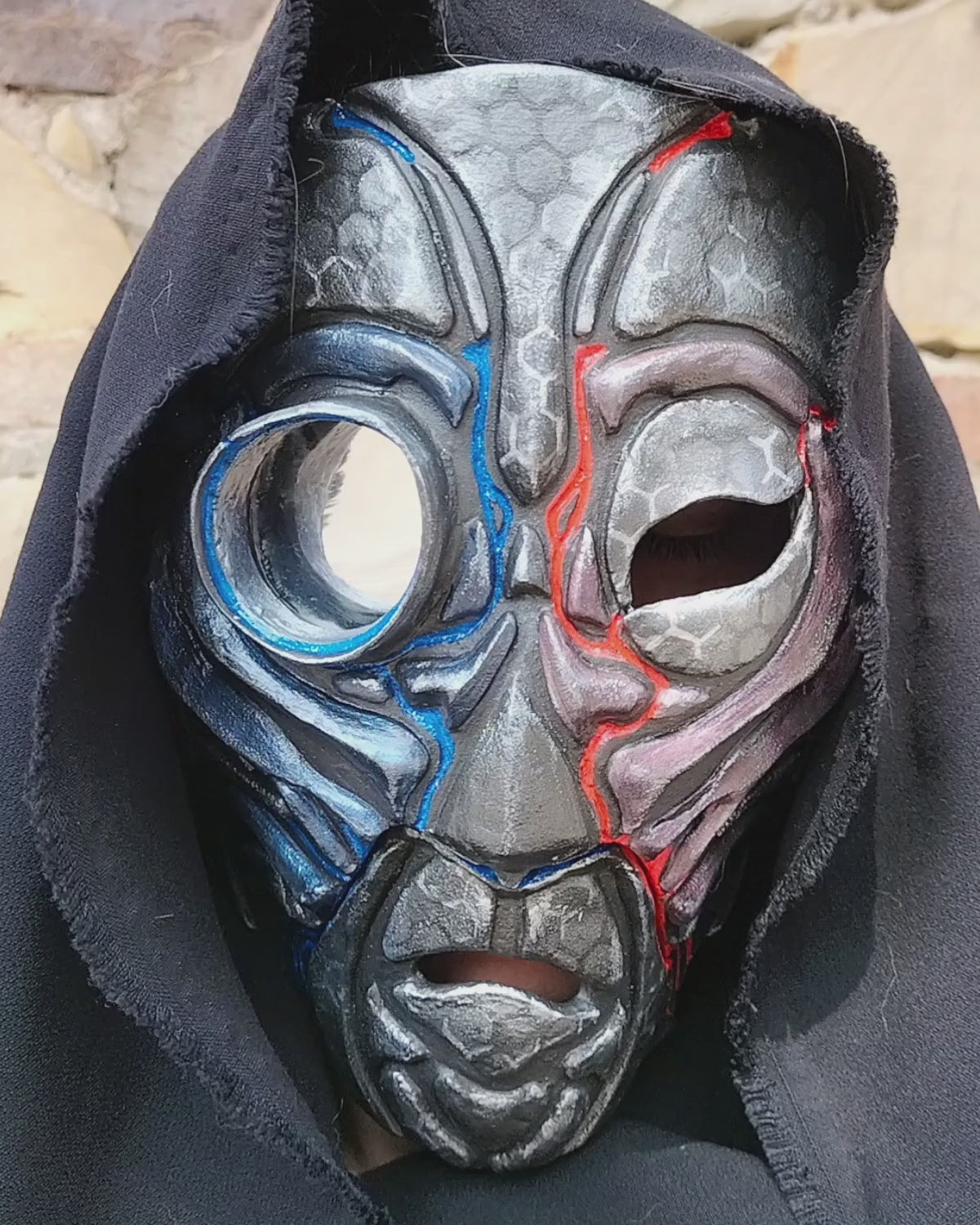 Cyberpunk Droid Mask Glowing Under UV Light, Special Effects, Cosplay