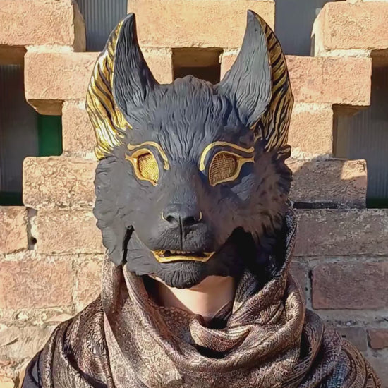 Close-up of the articulated jaw on the Fenrir Wolf Anubis mask.