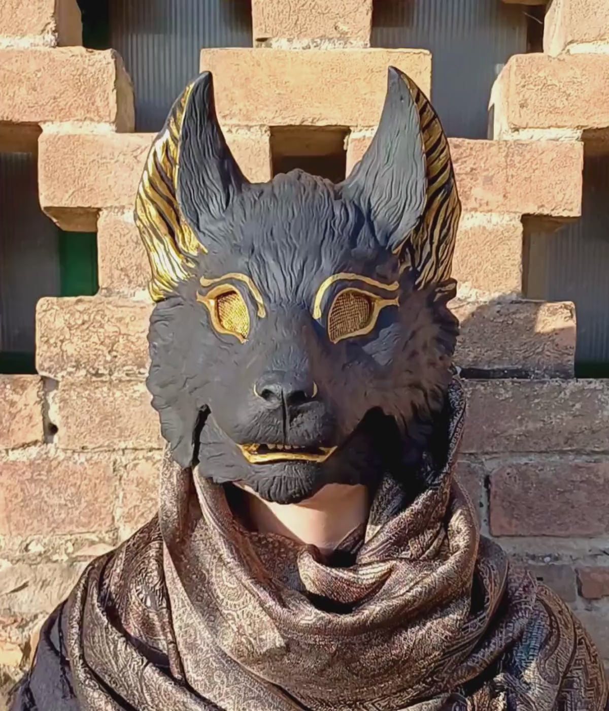 Close-up of the articulated jaw on the Fenrir Wolf Anubis mask.