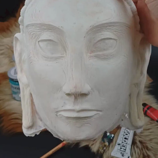 Unpainted Stone Poet mask with included resin head flowers and hair tufts.

