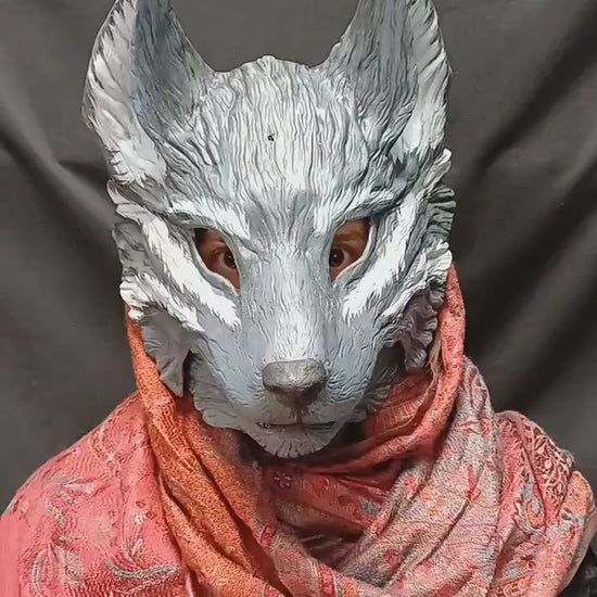 The grey wolf mask with articulated jaw, perfect for transforming into a wolf warrior