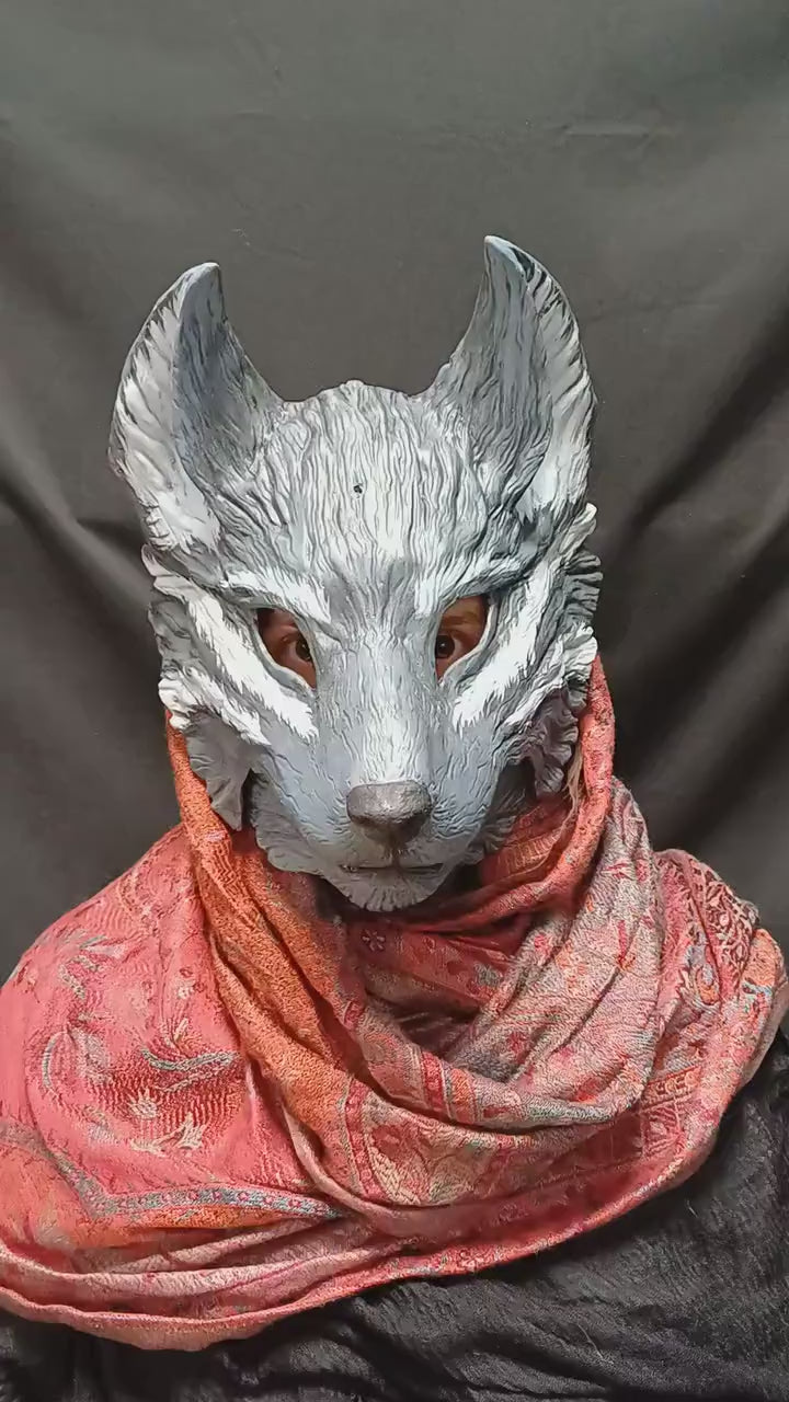 The grey wolf mask with articulated jaw, perfect for transforming into a wolf warrior