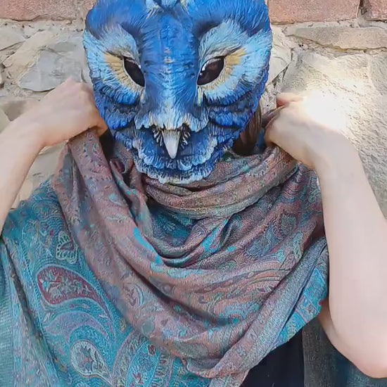 Detail of the sculpted and hand-painted feathers on the Regal Barn Owl mask.