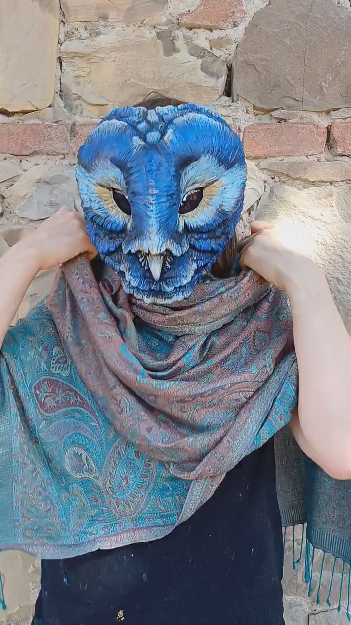 Detail of the sculpted and hand-painted feathers on the Regal Barn Owl mask.