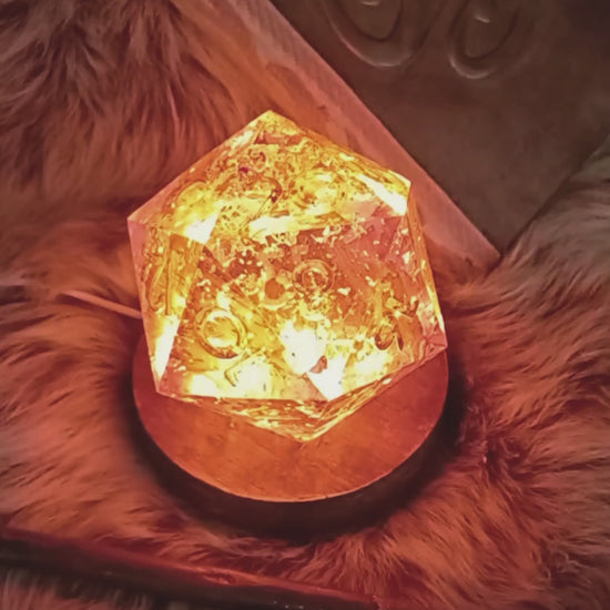Handcrafted DnD-themed D20 lamp with color-changing LED lights in a dark room setting