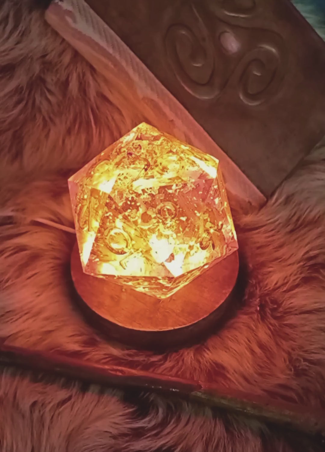 Handcrafted DnD-themed D20 lamp with color-changing LED lights in a dark room setting