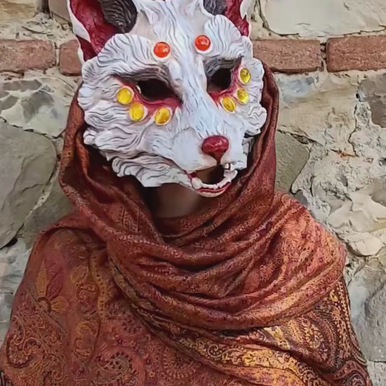 Full-face and articulated mask Huli Jing Fox Mask in white with intricate red and pink detailing, made from durable resin for LARP and cosplay events.