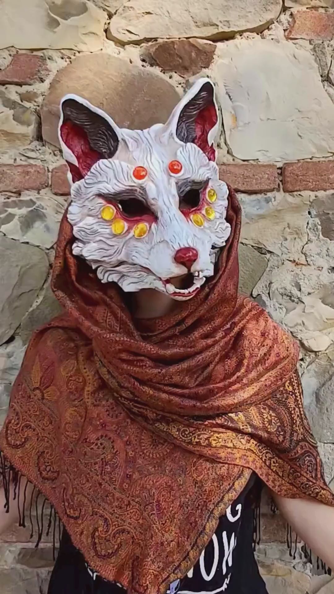 Full-face and articulated mask Huli Jing Fox Mask in white with intricate red and pink detailing, made from durable resin for LARP and cosplay events.