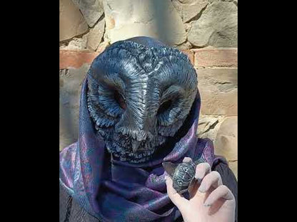 Silver barn owl resin mask with lunar-inspired finish, handcrafted cosplay and LARP mask