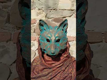Huli Jing oxidized resin fox demon mask with articulated jaw, handcrafted cosplay and masquerade mask