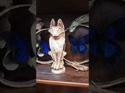 A short video showcasing a 15cm handmade resin ancient idol, from kitsune wolf and barn owl reveal its detailed 3D weathered bone texture, stylized carvings, and customized painted eyes for dark fantasy home decor.