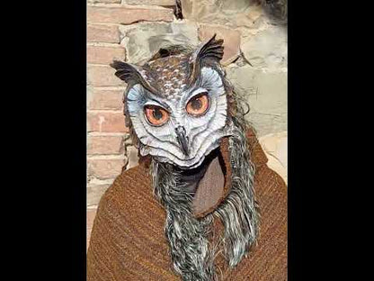 Handcrafted great horned owl mask with removable hood, realistic resin cosplay and LARP mask