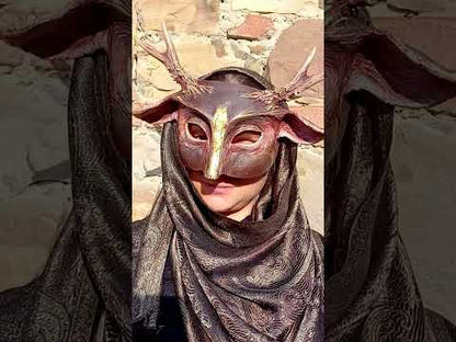Handcrafted Faun Stone Poet resin mask with earthy tones and gold details for pagan rituals and cosplay
