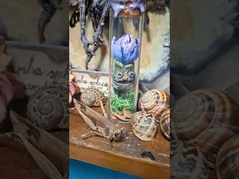 Bottled mandrake fantasy apothecary vial collectible resin sculpture, miniature living mandrake preserved in glass bottle, witchcore alchemy decor object