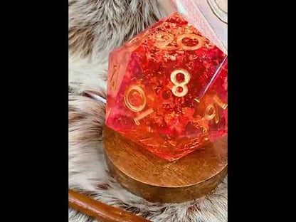 Handcrafted D20 LED resin lamp glowing with gold leaf, tabletop RPG and Dungeons and Dragons decor light