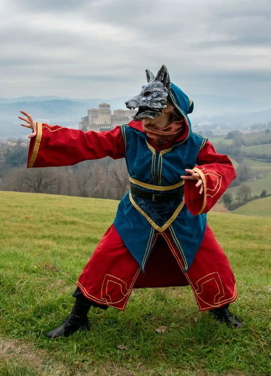 Red and blue LARP dress with hooded overdress, perfect for LARP gear, fantasy costume, cosplay costume, and Renaissance costume.