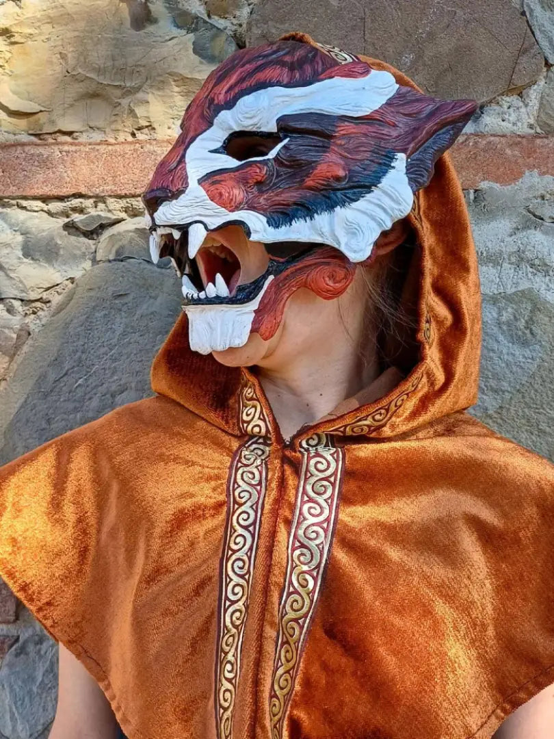 Close-up of the movable jaw on the Bau Hu mask, showing articulation and mechanisms
