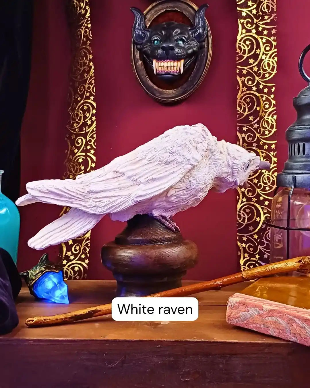 Front view of an albino raven sculpture with pastel gradients, perfect for esoteric interiors, rituals, and symbolic gothic displays.