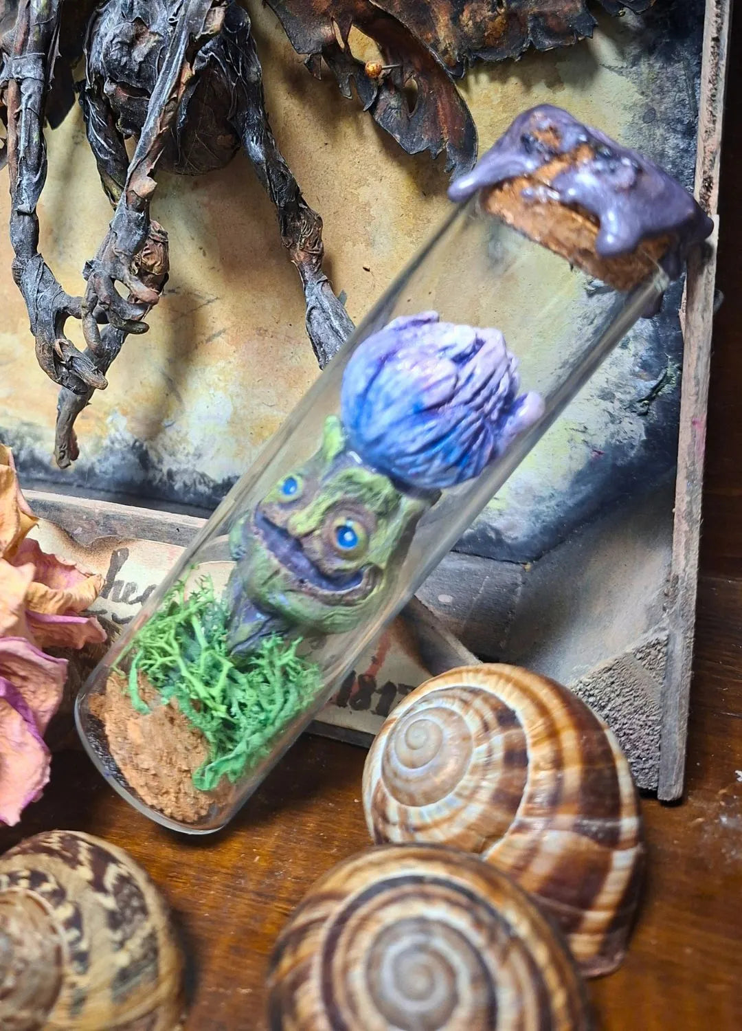 Witchcore mandrake specimen bottle fantasy oddities collectible, handcrafted resin mandrake in sealed vial, apothecary shelf decor for gothic interiors