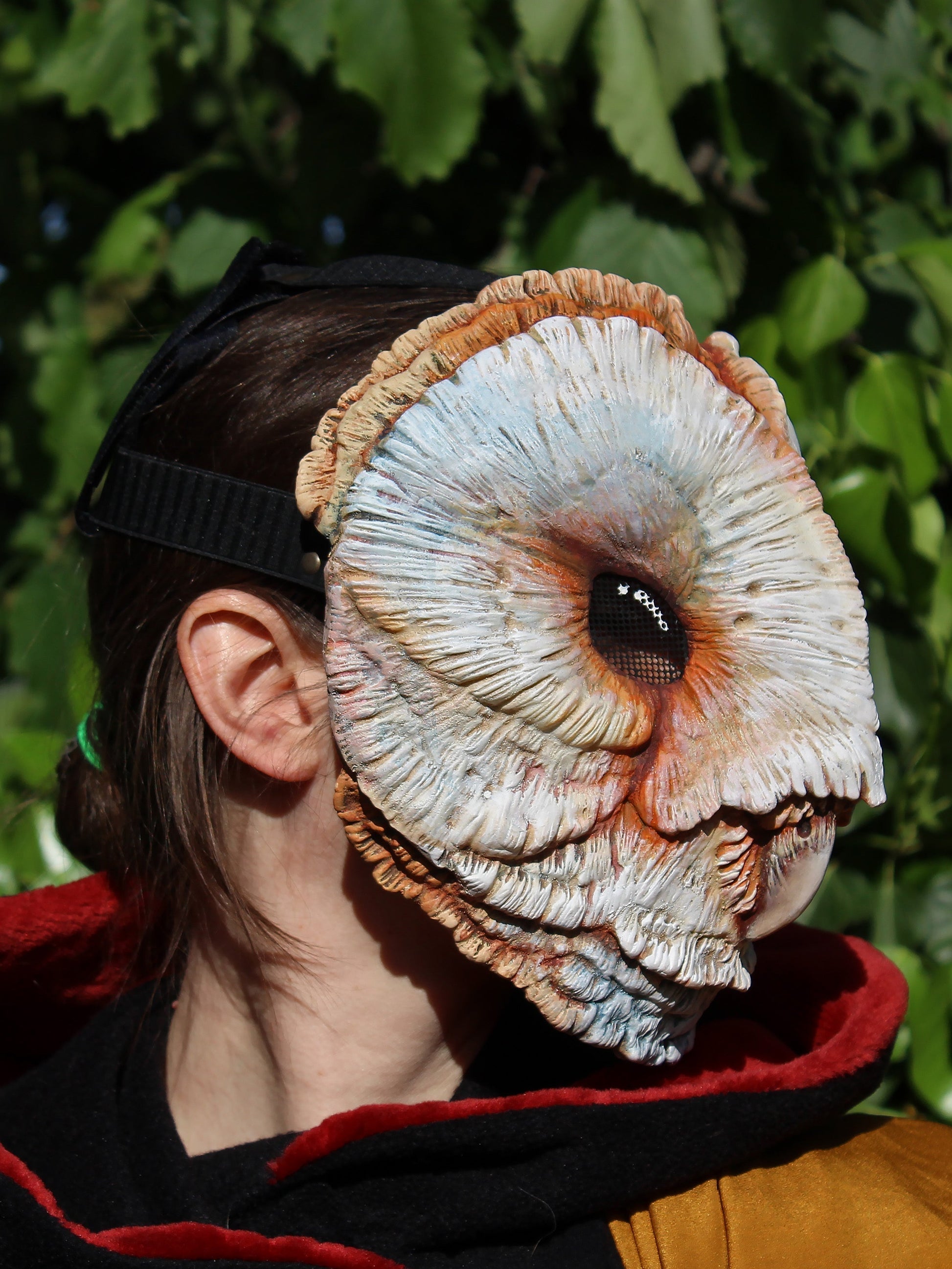 Pink barn owl mask with normal eyes side view perfect for wiccan costumes