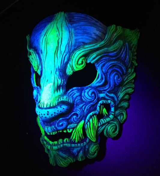 Fluorescent Oni Mask, UV reactive, glowing under blacklight, Japanese demon.