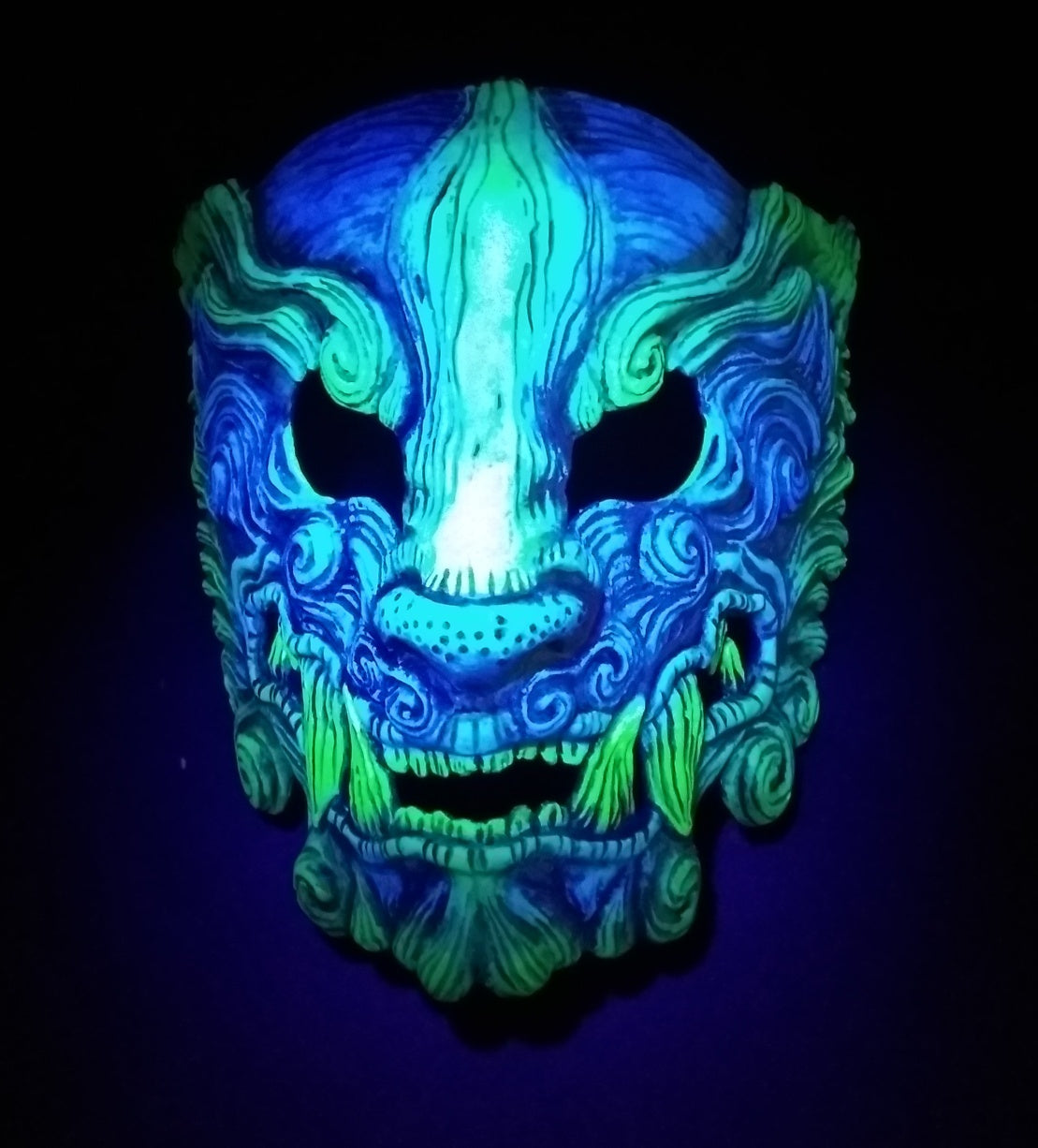 Oni Mask, close-up details, hand-painted texture, fluorescent pigments, resin mask