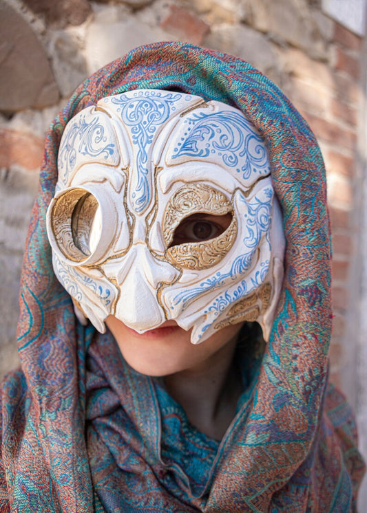 Azulejo Ceramic Cyborg Mask Details, Hand-painted Resin, Monocle, Cosplay Accessory