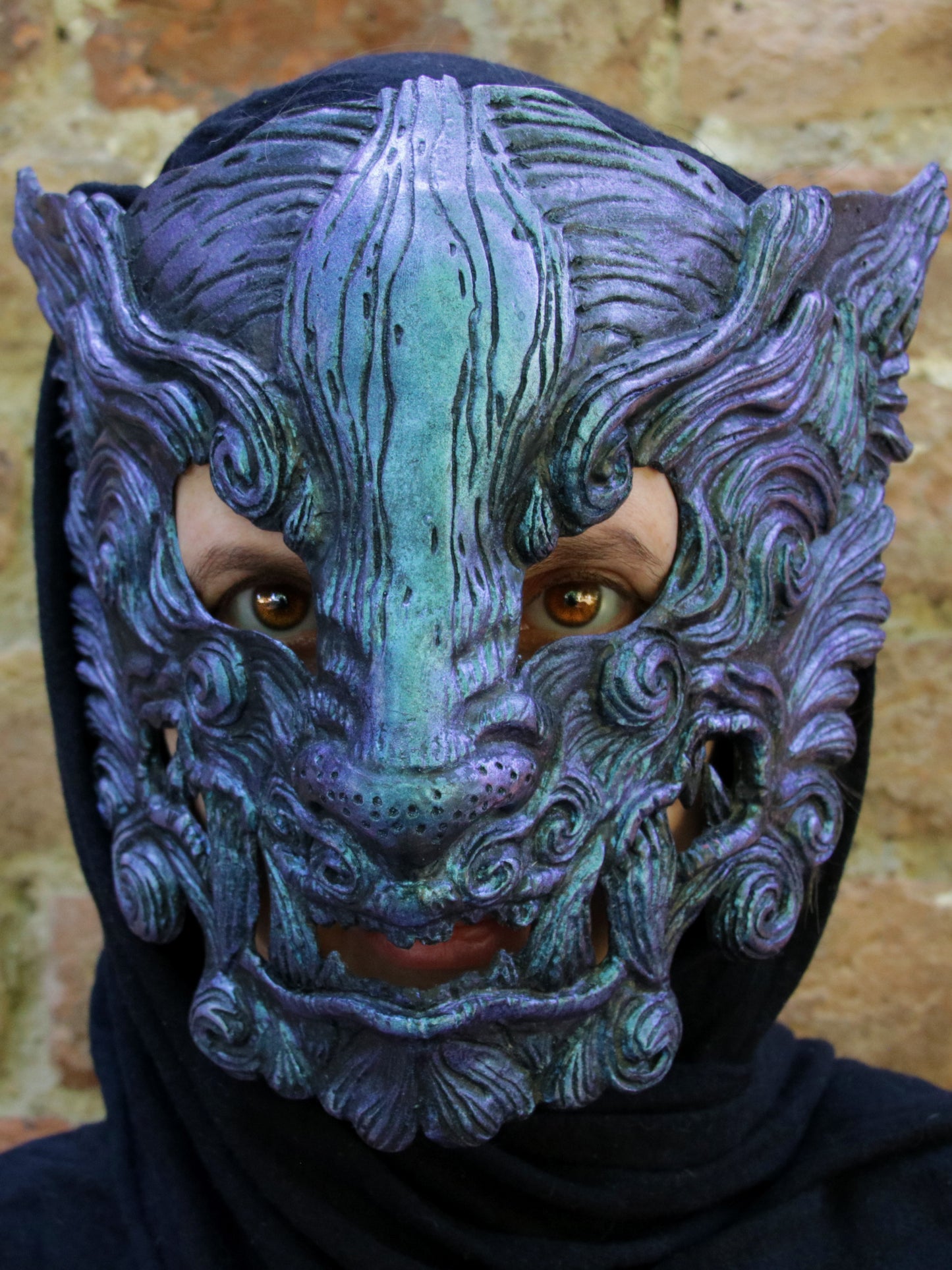 Red and black Oni mask for masquerade balls, Renaissance festivals, and cosplay events – waterproof and lightweight.
