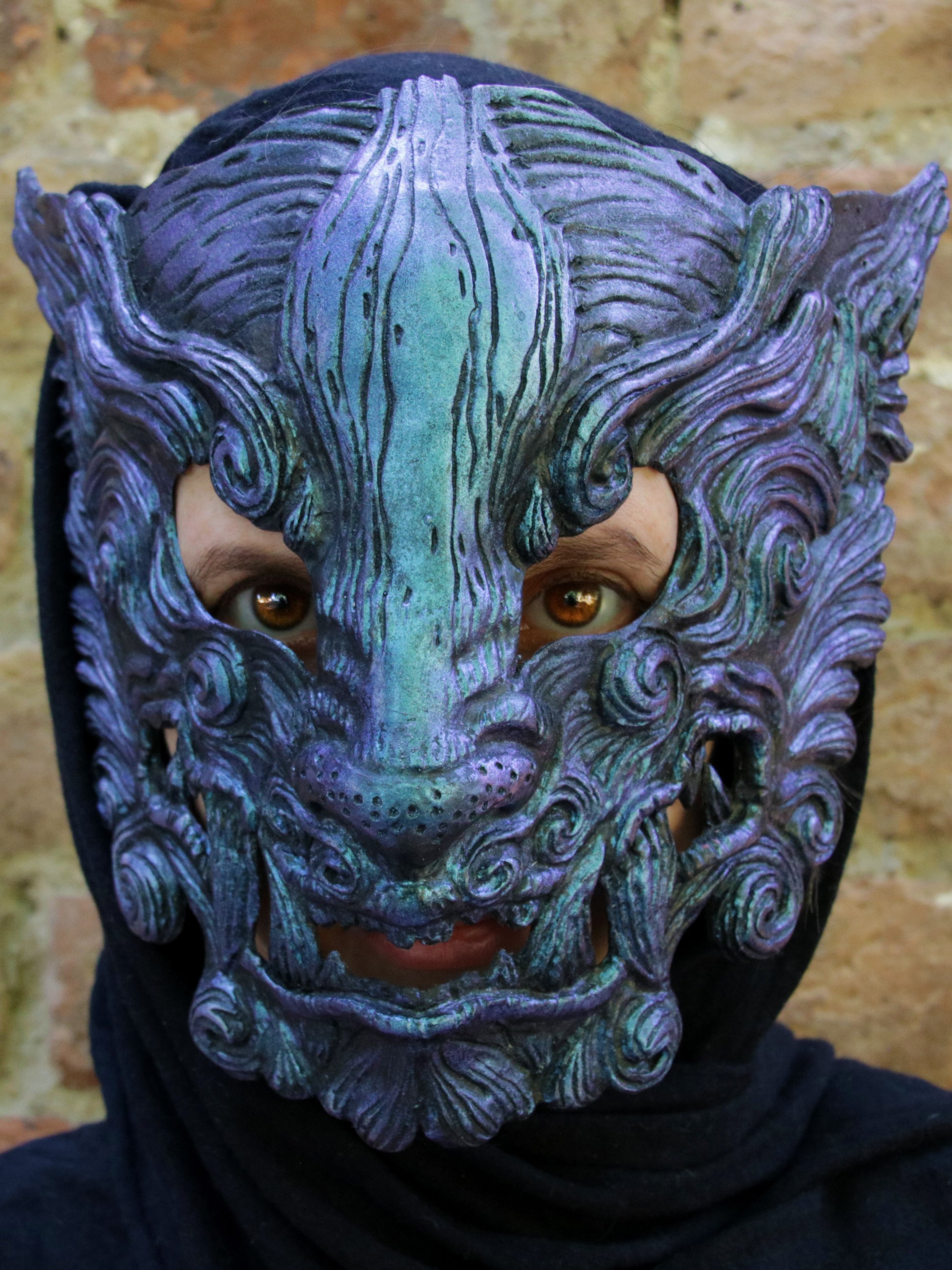 Red and black Oni mask for masquerade balls, Renaissance festivals, and cosplay events – waterproof and lightweight.