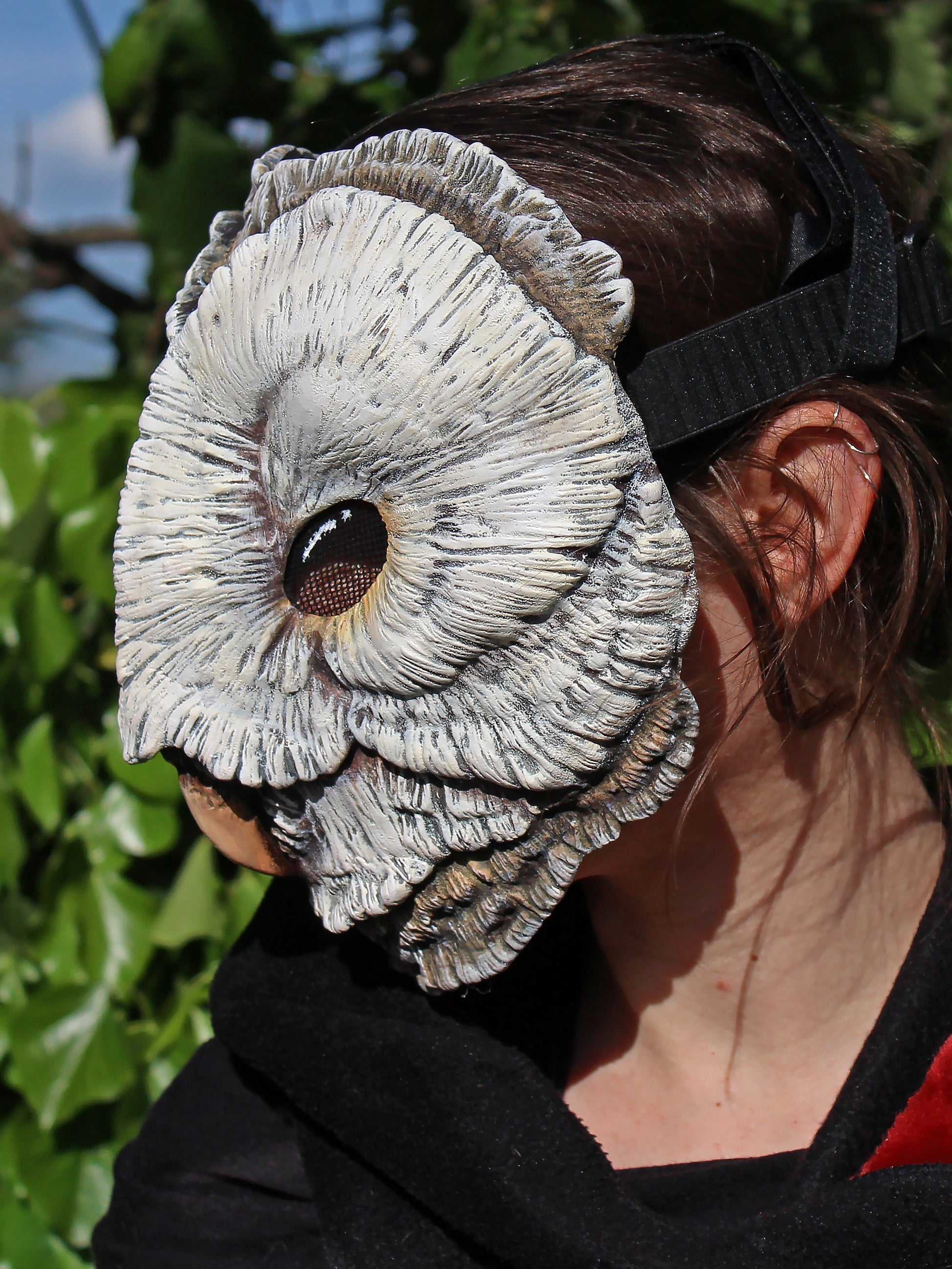 white barn owl mask made in resin side view