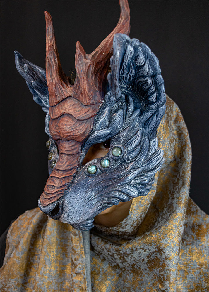Classic Young Qilin Resin Mask colored with grey and brow colors,side view full face mask perfect for Larp and cosplay