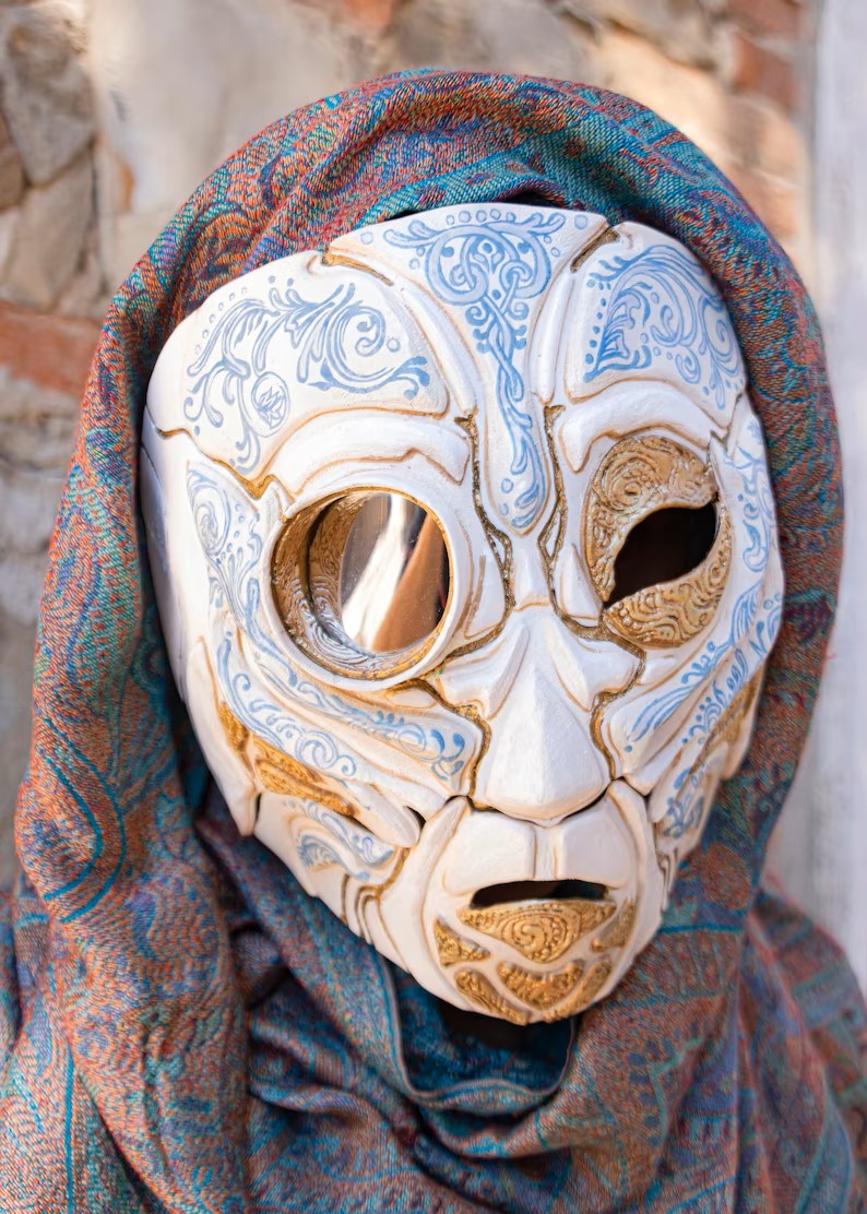 Cyborg Robot Mask with Monocle, Azulejo Ceramic Effect, LARP Cosplay, Handmade Resin